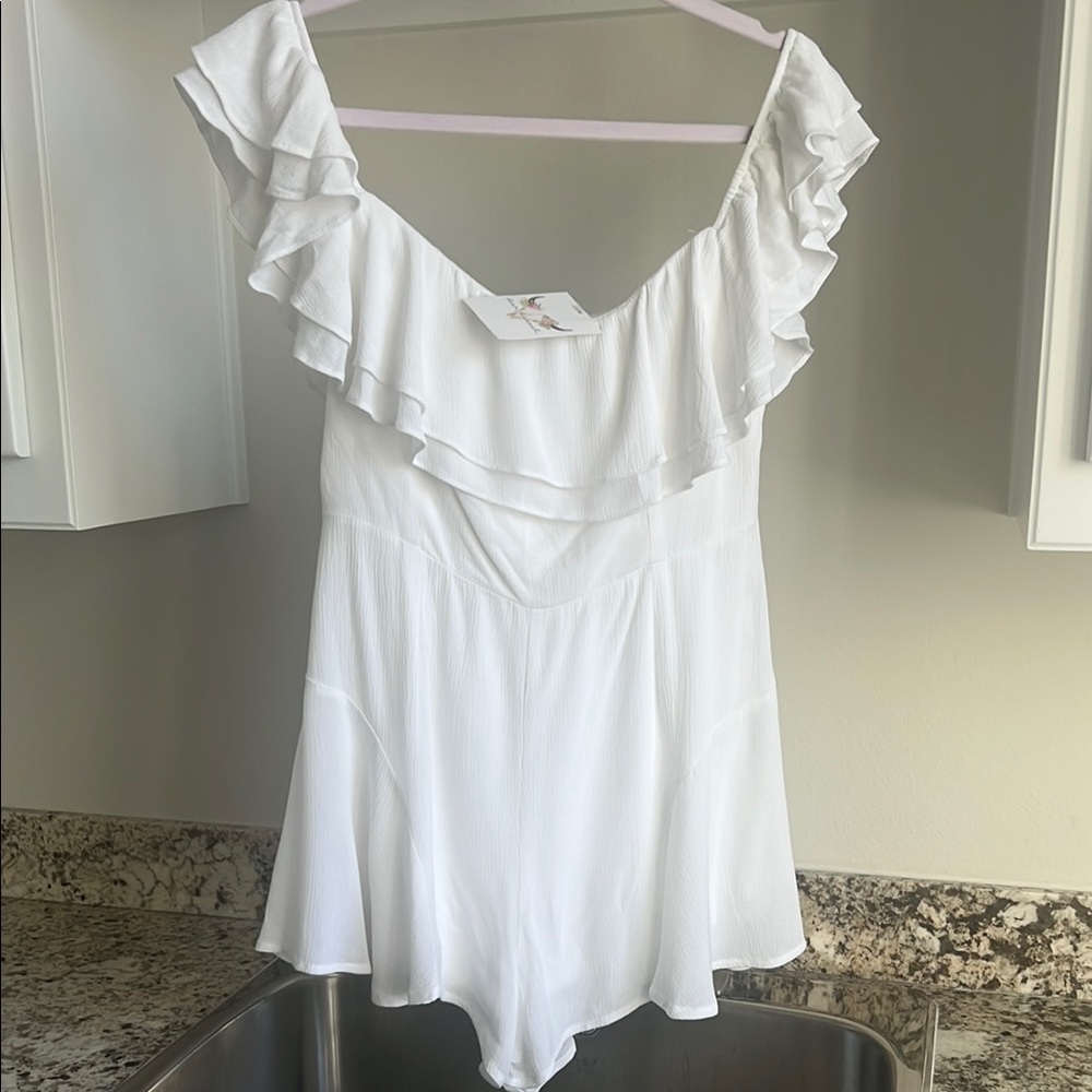 White Ruffled Off-Shoulder Romper